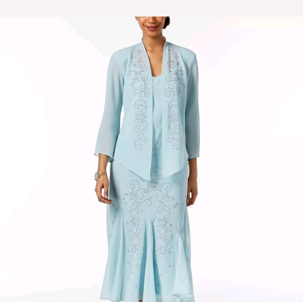R&M RICHARDS WOMEN'S BLUE COLLARLESS BEADED 12